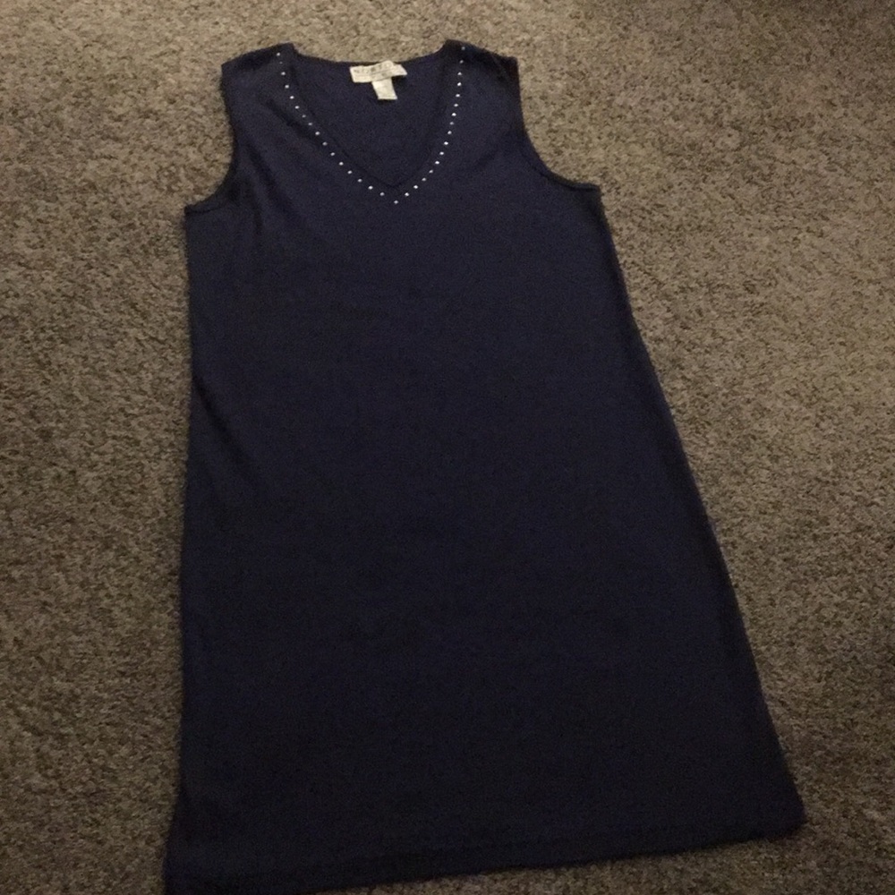 Navy blue V neck dress.